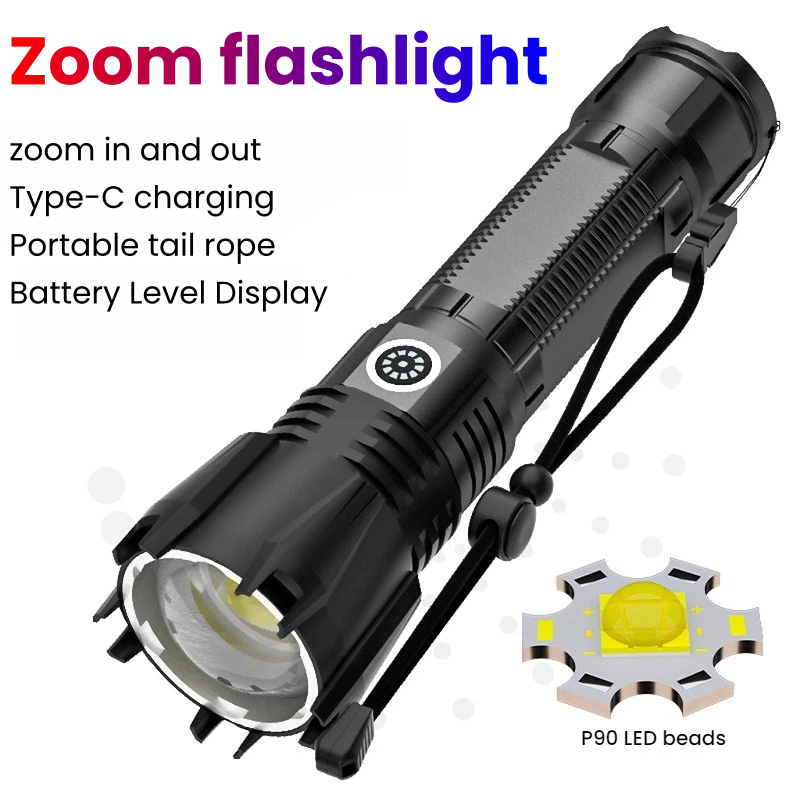 고출력 P90 LED 손전등 TYPE-C 충전식 줌 스 - Outdoor Power For Camping 리뷰 및 가격